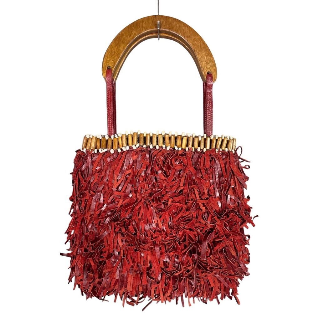 TRIBO Red Leather Fringe Shoulder Bag Beaded Wood Handle Boho Y2K Purse